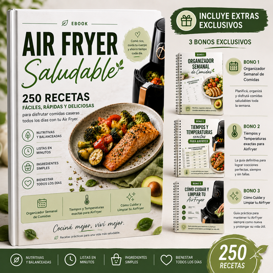 250 Recetas Saludables para tu AirFryer + 🎁 3 Bonos Exclusivos Premium