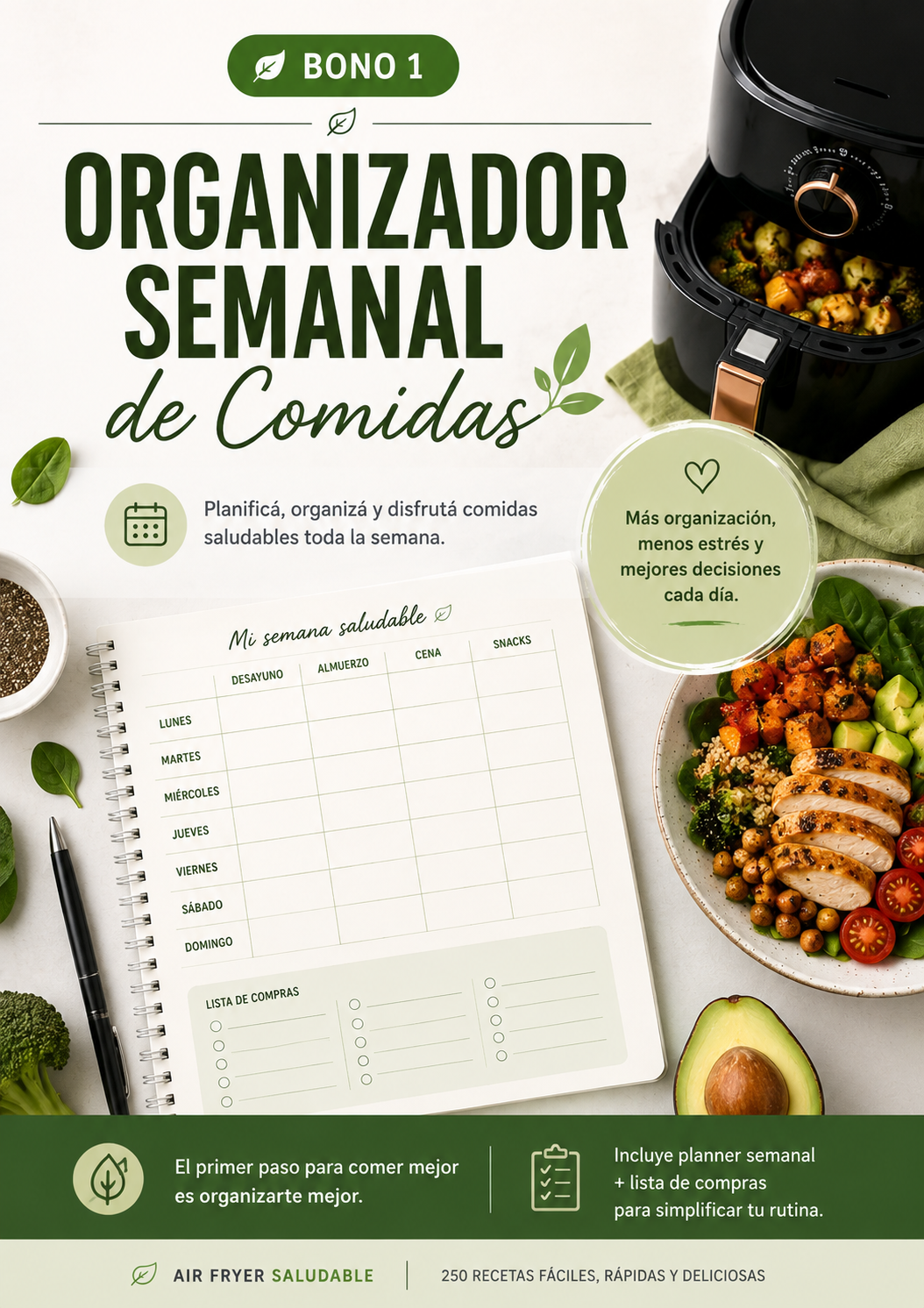 250 Recetas Saludables para tu AirFryer + 🎁 3 Bonos Exclusivos Premium