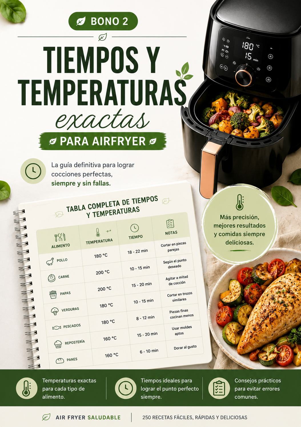 250 Recetas Saludables para tu AirFryer + 🎁 3 Bonos Exclusivos Premium